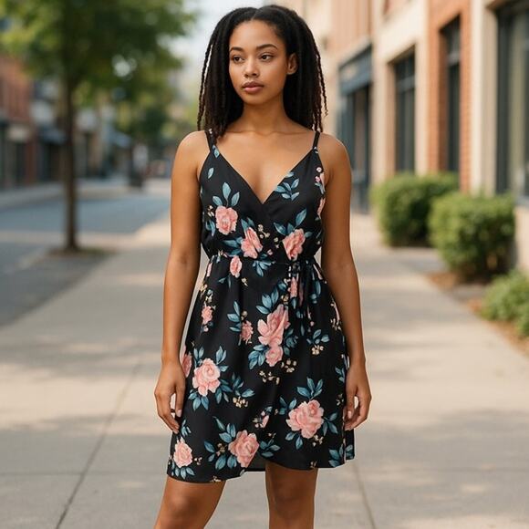 Forever 21 Womens Dress Size 1X Spaghetti Strap Black Floral Wrap Style - Picture 1 of 6